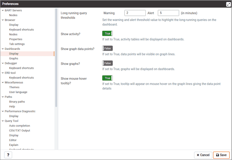 Preferences dialog - Dashboard Display options