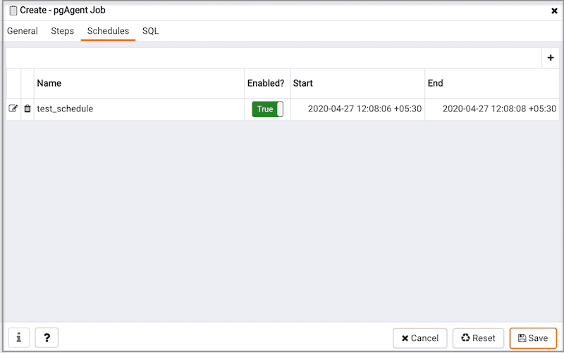 Create pgAgent Job dialog - Schedules tab